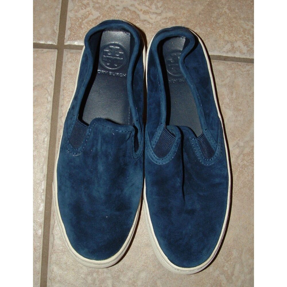 TORY BURCH Dark Blue Women Sz 7 1/2 Soft Suede Leather Max Slip On LOGO Sneakers